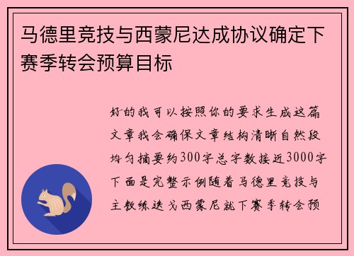 马德里竞技与西蒙尼达成协议确定下赛季转会预算目标